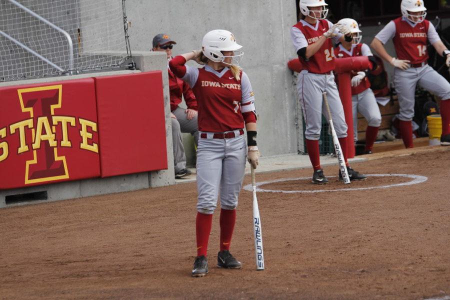 Iowa State freshman Sami Williams gets ready to step up to bat against Oklahoma State. Williams hit a solo home run in her first at bat of the day.