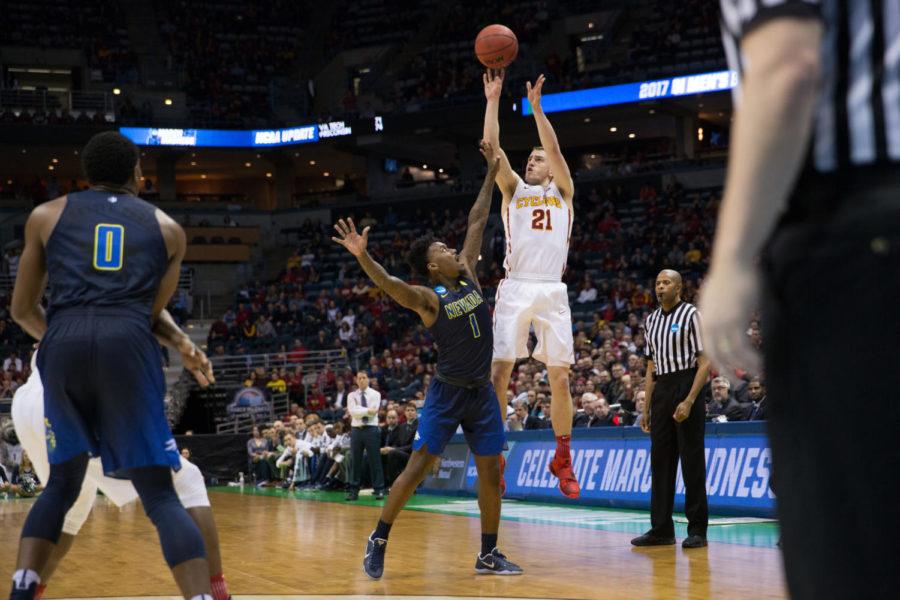 Senior Matt Thomas takes a shot during a game against the Nevada Wolf Pack, March 16 in Milwaukee, Wisconsin. The Cyclones won 84-73, and will play Purdue this Saturday in the second round of the NCAA Tournament.