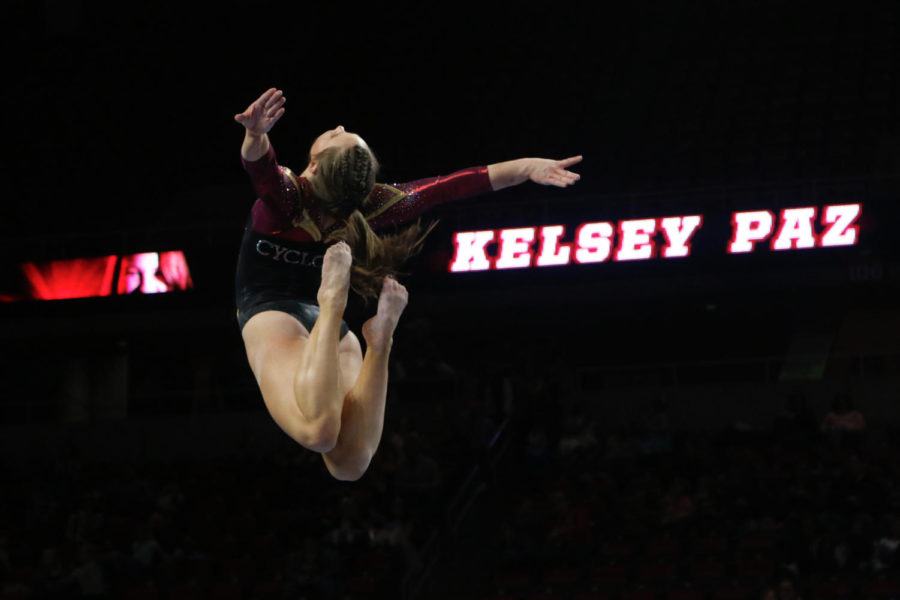 Iowa State senior Kelsey Paz performs her beam routine during the Cyclones quad meet. Paz scored a 9.800 en route to a 195.775 win over No. 19 Minnesota, Michigan State and UW-Stout. 