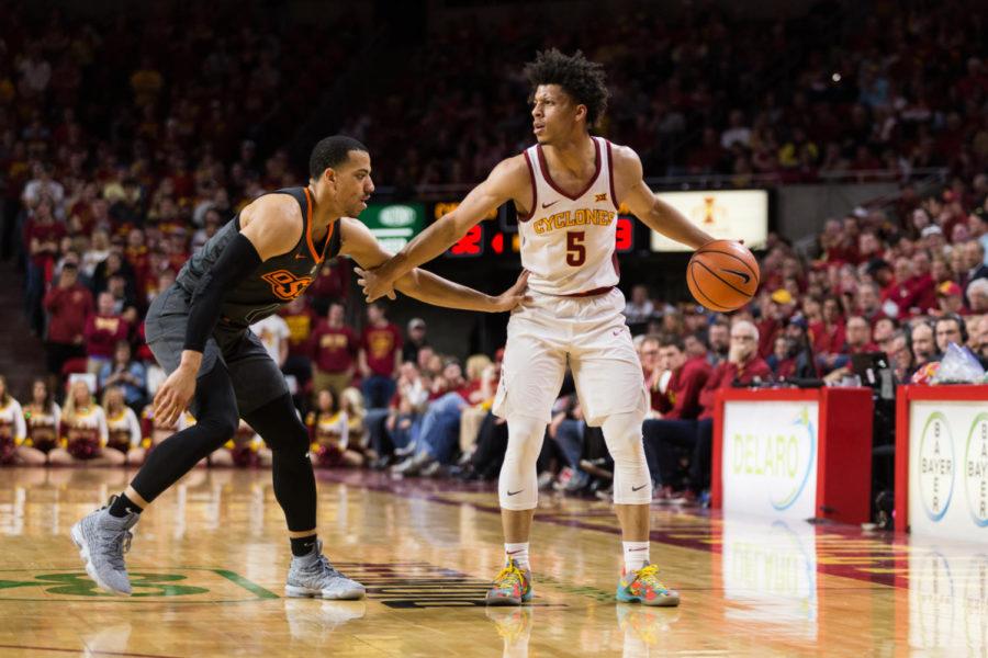 Freshman guard Lindell Wigginton waits for teammates to get open during Iowa States senior night game against Oklahoma State on Feb. 27 in Hilton Coliseum. The Cowboys defeated the Cyclones 80-71.