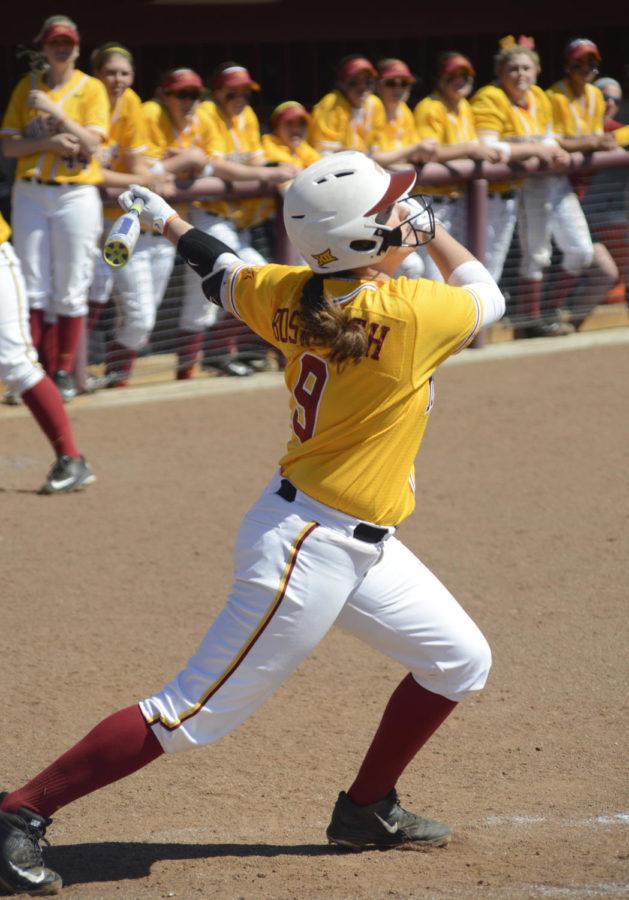 Freshman Kaylee Bosworth watches a ball she hit on April 3 during a match against Baylor.