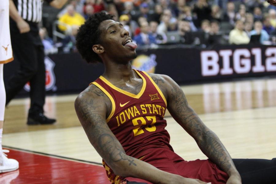 Iowa State junior Zoran Talley celebrates after an and-one dunk during the second half against Texas in the Big 12 Championship in Kansas City.