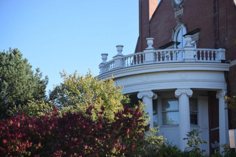 The balcony of the Enrollment Services building offers a view of the changing autumn leaves.