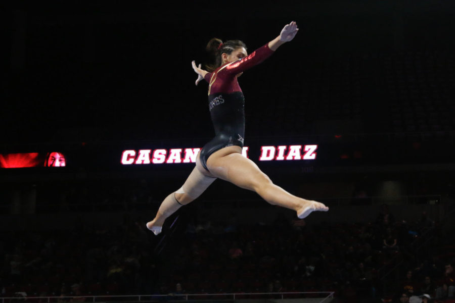 Iowa State sophomore Casandra Diaz performs her beam routine during the Cyclones quad meet. Diaz scored a 9.200 en route to a 195.775 win over No. 19 Minnesota, Michigan State and UW-Stout. 