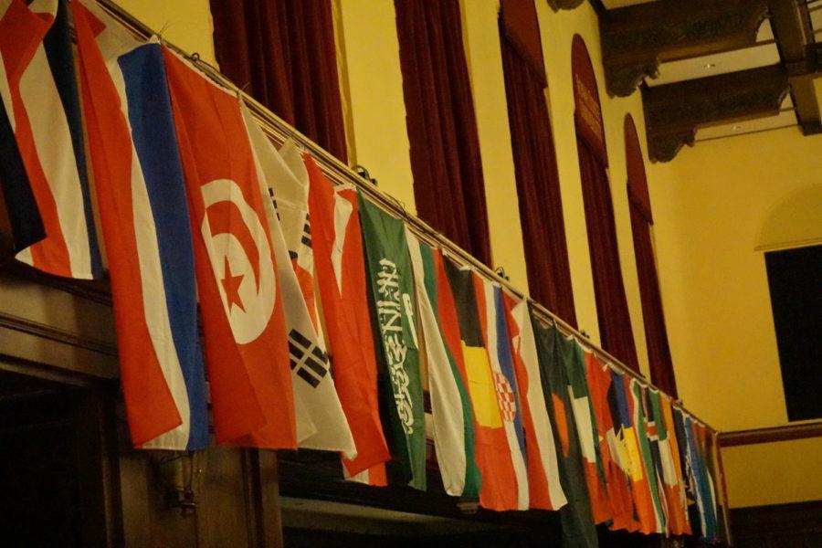 The Great Hall in the Memorial Union had its walls decorated in flags from around the world for the Global Gala event on March 23, 2018.