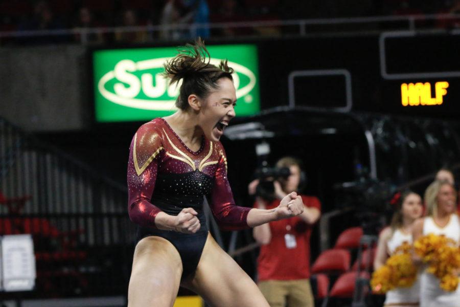 Iowa State senior Briana Ledesma celebrates following her floor routine in which she scored a 9.850. The Cyclones went on to win the quad meet with a score of 195.775. 
