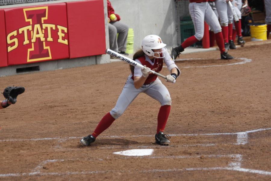 Iowa State freshman Logan Schaben waits for the Oklahoma State pitch early in the game on Saturday.