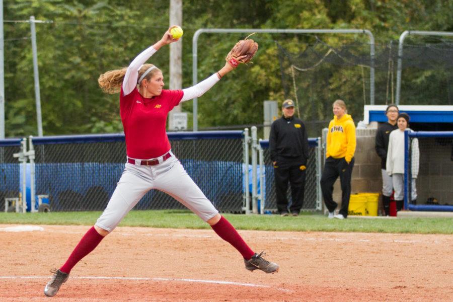 Emma Hylen pitches during game between ISU and Iowa, as a part of the Big Four Classic (a tournament between Iowa State, Iowa, Northern Iowa, and Drake) on Oct. 4, 2015. 
