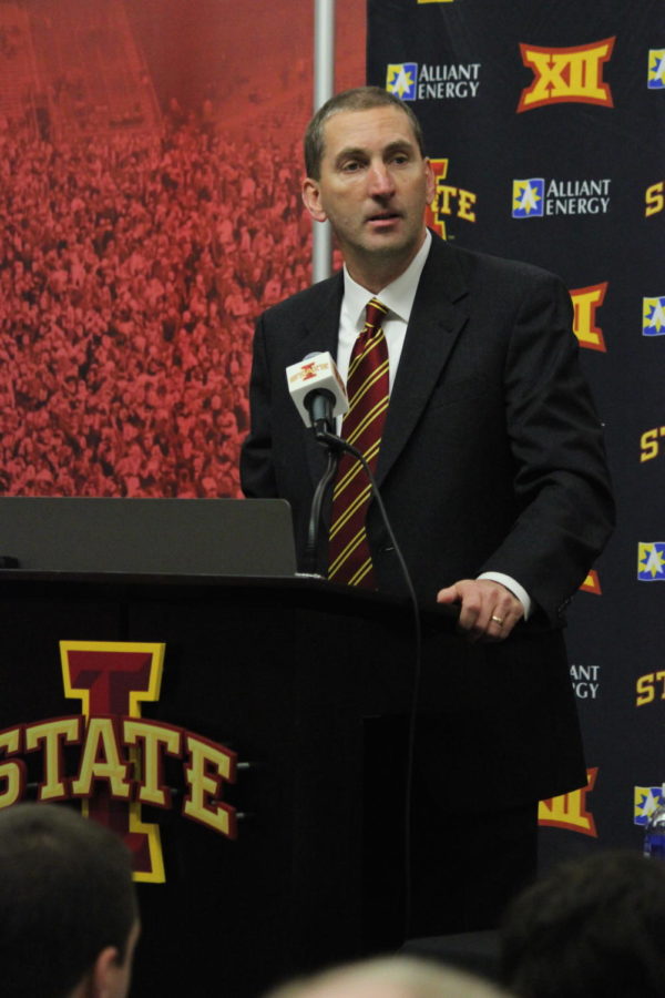 Jamie Pollard, director of athletics, began the press conference on Nov. 30 to help announce the hire of Iowa States new head football coach, and former head coach of Toldeo, Matt Campbell.