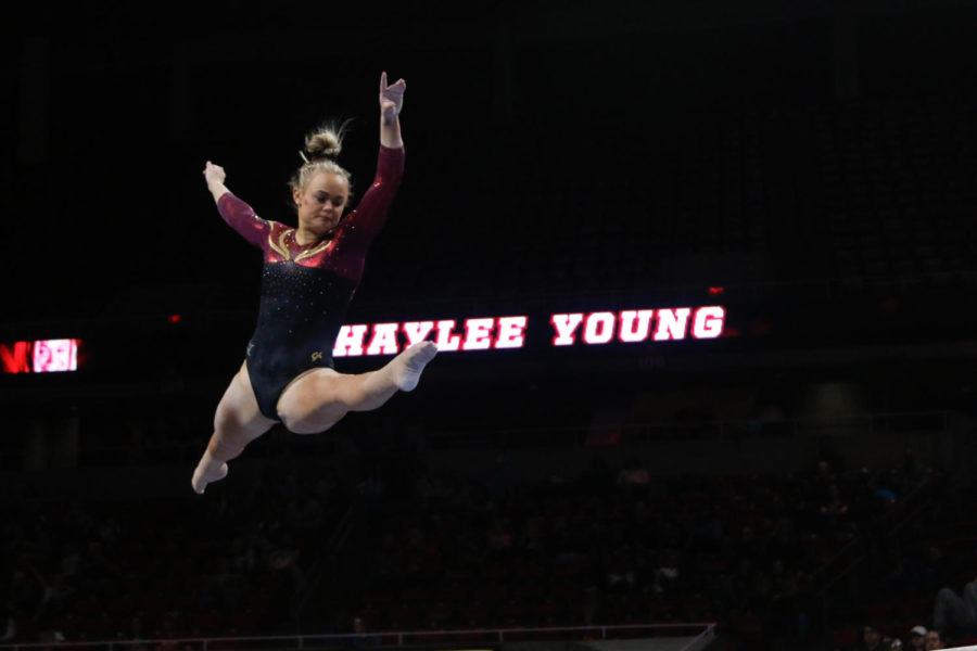 Iowa State senior Haylee Young performs her beam routine during the Cyclones quad meet. Young scored a 9.900 en route to a 195.775 win over No. 19 Minnesota, Michigan State and UW-Stout. 