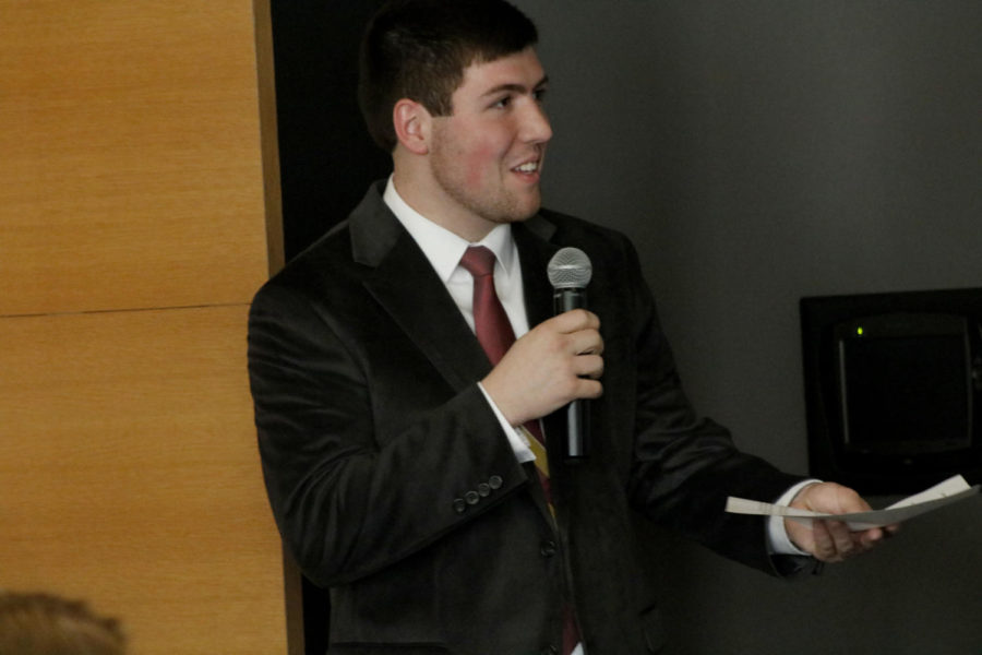 Student Body President Cody West speaks during the Student Government town hall meeting in the Soults Family Visitor Center on March 22. During the meeting, West spoke of achievements from his presidency that he is most proud of.