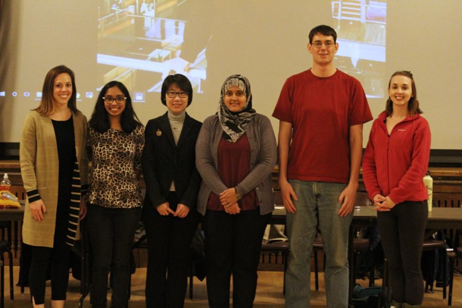 The 2018-2019 Graduate and Professional Senate Executive Council. Left to right: Amanda Bries—URLA Chair, Niranjana Krishnan—Research Conference Chair, Shuang (Sophie) Zhai—Chief Information Officer, Norin Yasin Chaudhry—President, Joshua Wolanyk—Vice President and Eleanor Field—PAG Chair. (Not pictured: Rui (Michael) Ding—Treasurer.) 