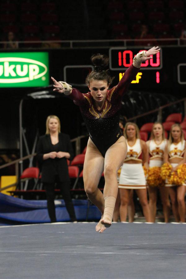 Iowa State sophomore Molly Russ performs her floor routine in which she scored a 9.525. The Cyclones went on to win the quad meet with a score of 195.775. 