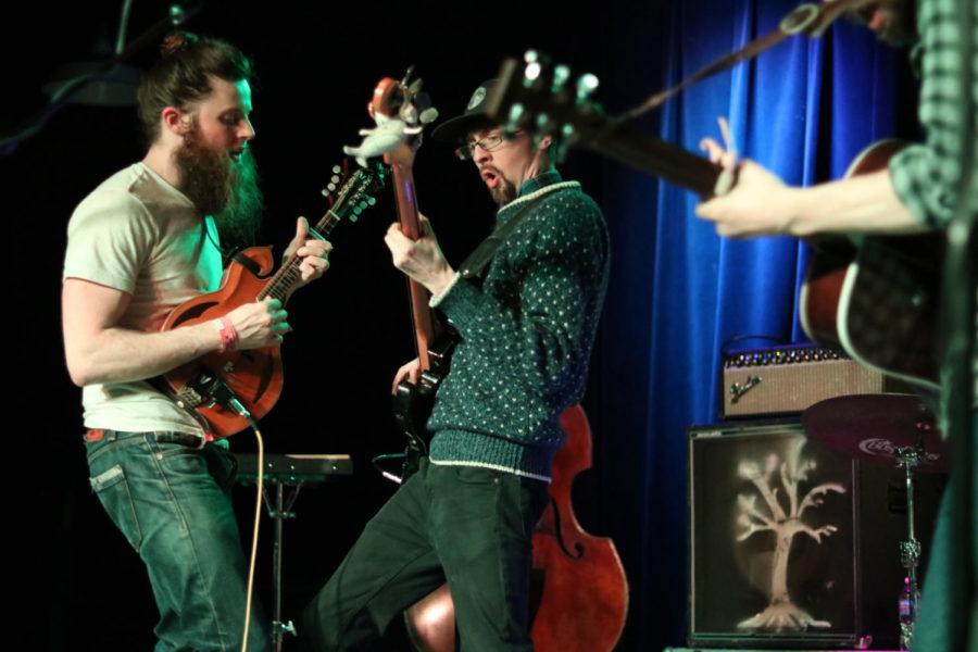 Antonio Alcorn (left) and Harrison Goodale (center) of the band Parsonsfield play at the Maintenance Shop on March 23, 2018. The Massachusetts-based band formed in 2011 while at the University of Connecticut.