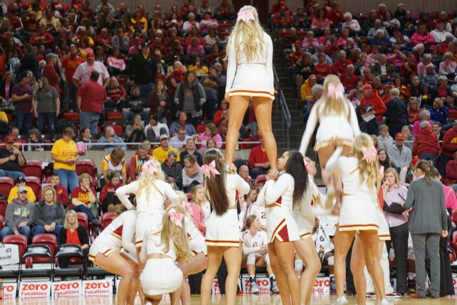 The Iowa State cheerleaders performed for the crowd during a break at the ISU-KU volleyball game on October 28th.