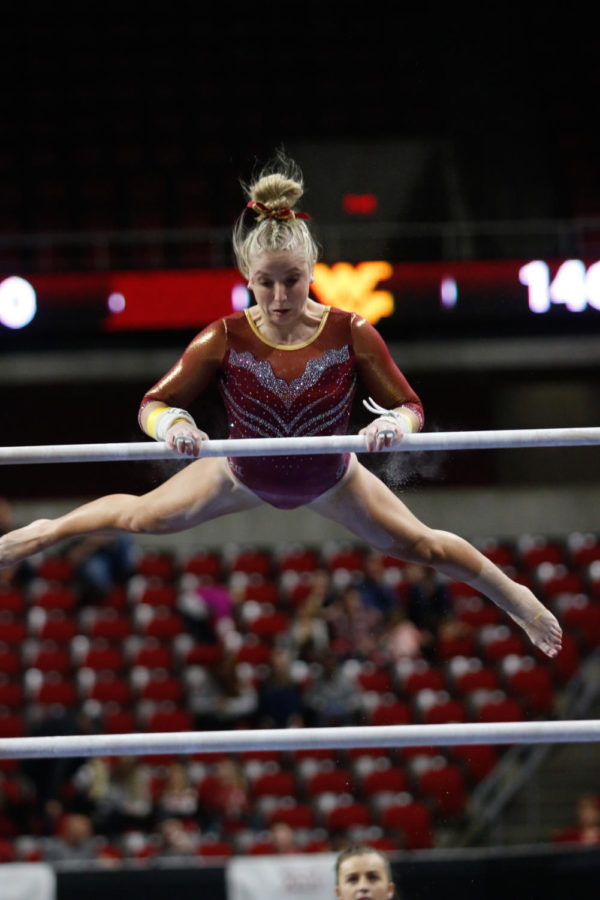 Iowa State sophomore Laura Burns competes on the bars during the Big 12 Championships. Burns scored a 9.275 as the Cyclones finished in third place.