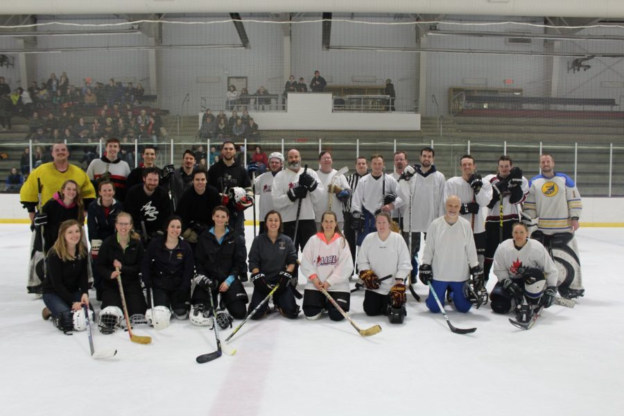 The Recreation and Stress Relief club in the College of Vet Med at their annual student vs. faculty hockey game.