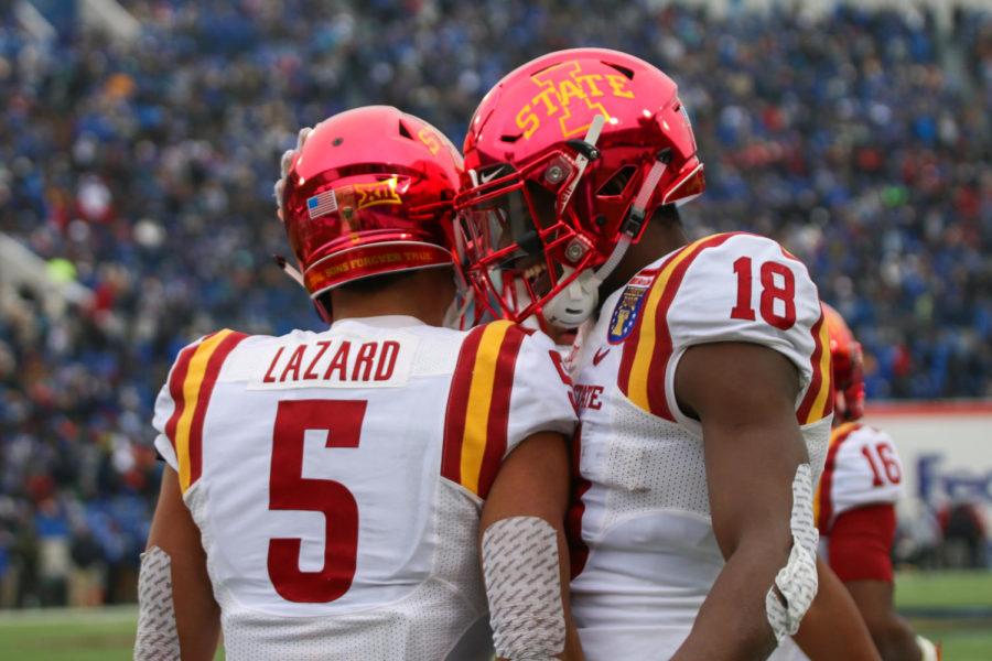 Iowa State wide receivers Allen Lazard and Hakeem Butler celebrate a touchdown during the 59th Annual AutoZone Liberty Bowl on Dec. 30, 2017, in Memphis, Tennessee. The Cyclones defeated the Tigers 21-20.