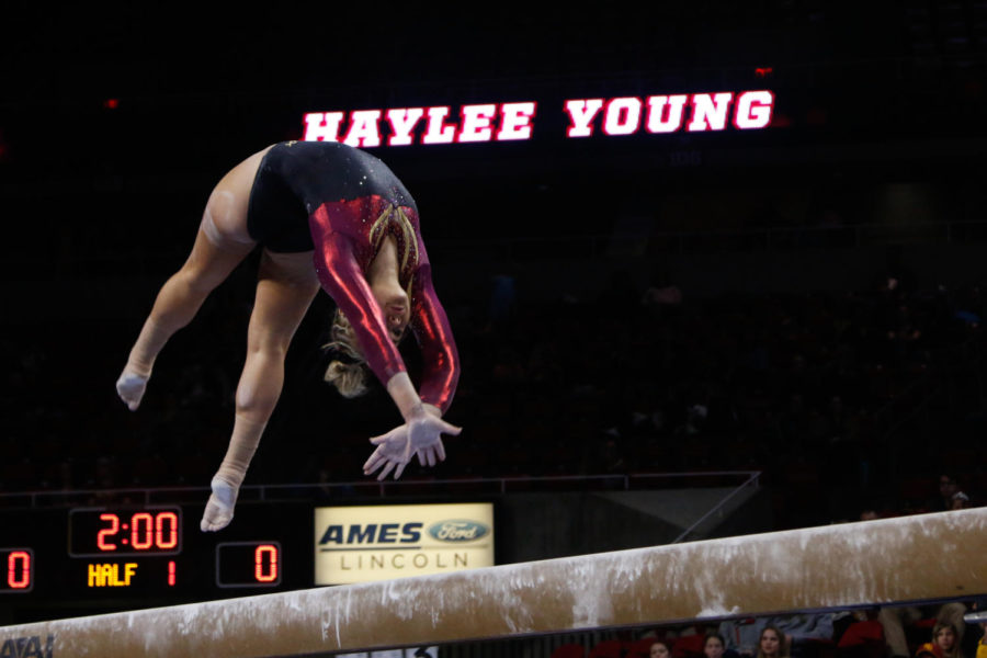 Iowa State senior Haylee Young performs her beam routine during the Cyclones quad meet. Young scored a 9.900 en route to a 195.775 win over No. 19 Minnesota, Michigan State and UW-Stout. 