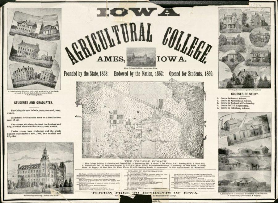The student recruitment poster was used in 1884 and shows an early development of the campus grounds.