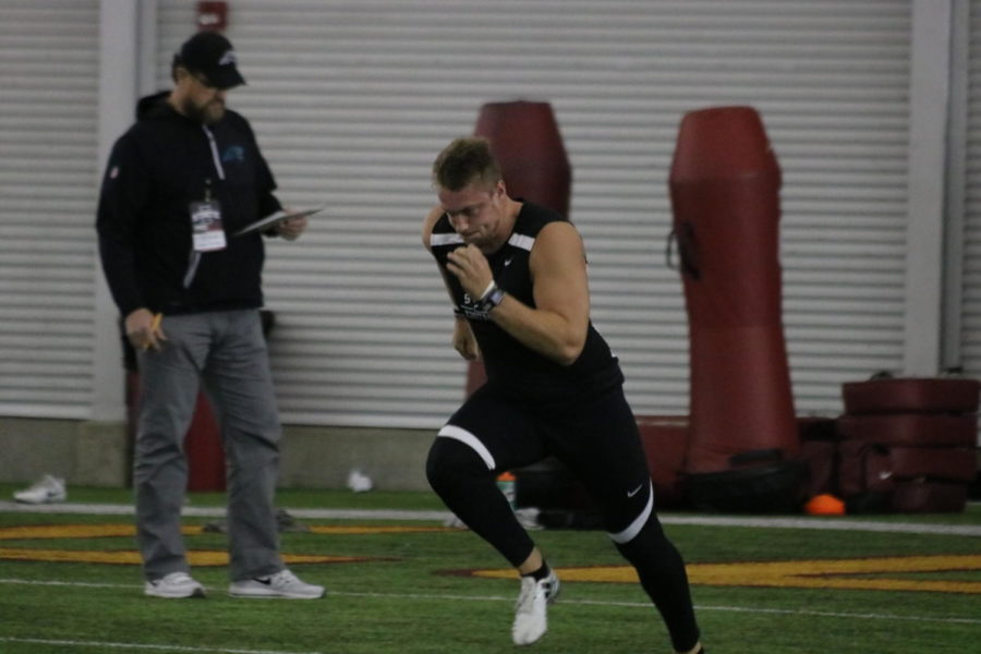 Former linebacker Joel Lanning runs the 40 yard dash at Pro Day March 27, 2018. Lanning had hopes to catch the eyes of recruiters to land a spot in the NFL.