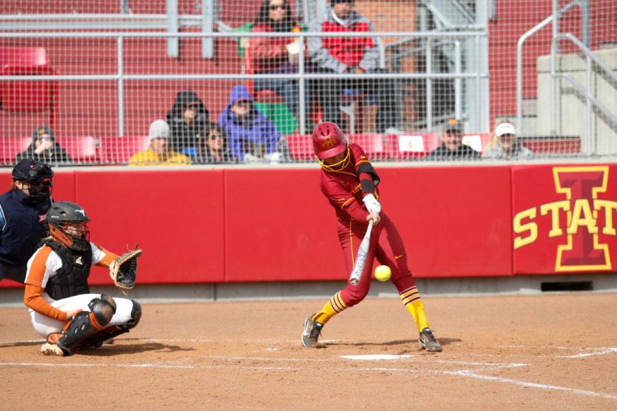 Iowa+State+senior+Nychole+Antillon+swings+for+the+ball+during+the+Cyclones+11-4+loss+to+Texas.+Antillon+had+two+hits+in+the+game.