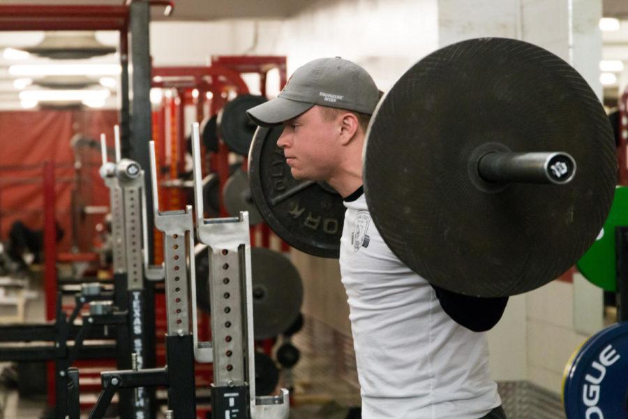 Iowa State Senior Ben Briggs works out in the lower level of Beyer Hall April 03 as part of the ISU Weight Club. 