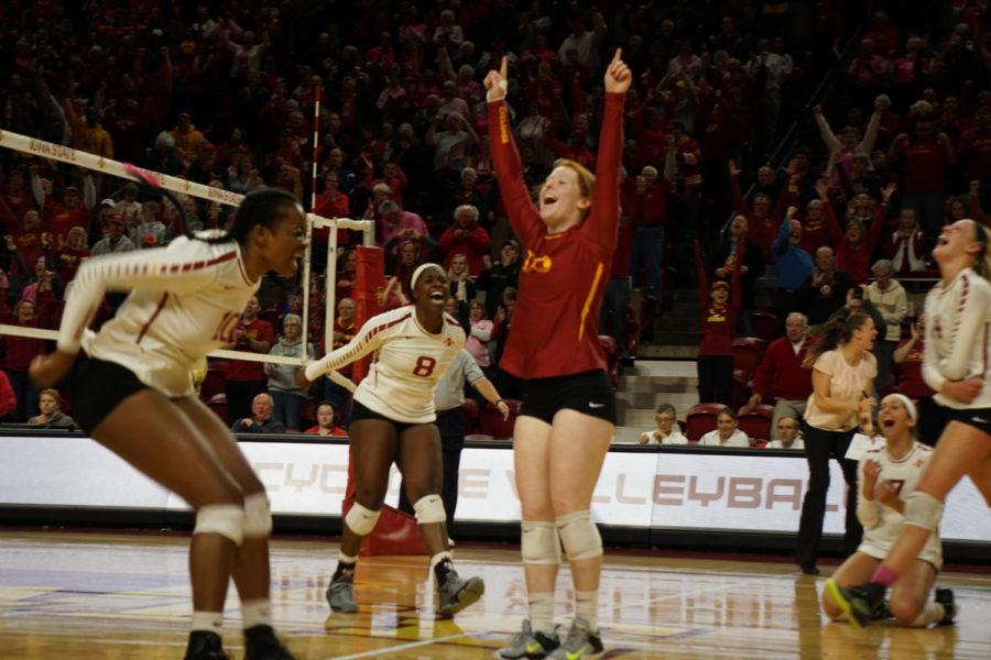 Right after the final point was scored on KU at the women's volleyball game, the team immediately celebrated their win on October 28th.