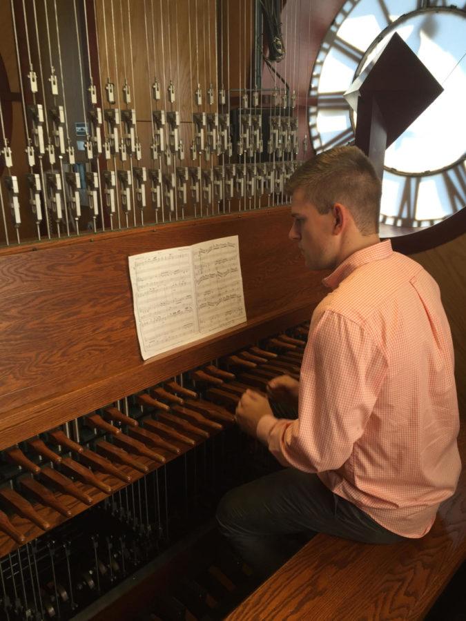 Casey Cunningham playing the carillon inside the Campanile