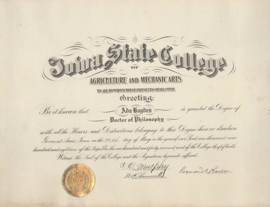 Ada Hayden’s Ph.D. diploma from Iowa State College, 1918.