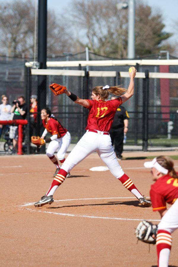 Iowa State pitcher Emma Hylen delivers a pitch during the Cyclones 4-2 over Iowa in the Cy-Hawk Series. Hylen went all seven innings, allowing two runs on five hits.