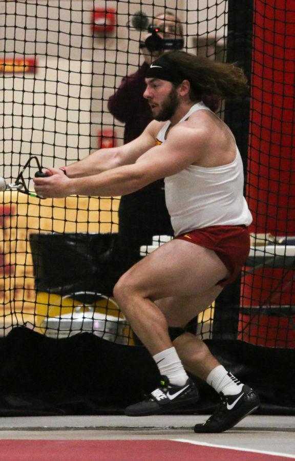 Iowa State senior Chris Celona competes in the mens weight throw during the Iowa State Classic on Feb. 9, 2018. Celona had a best throw of 57-10 1/2.