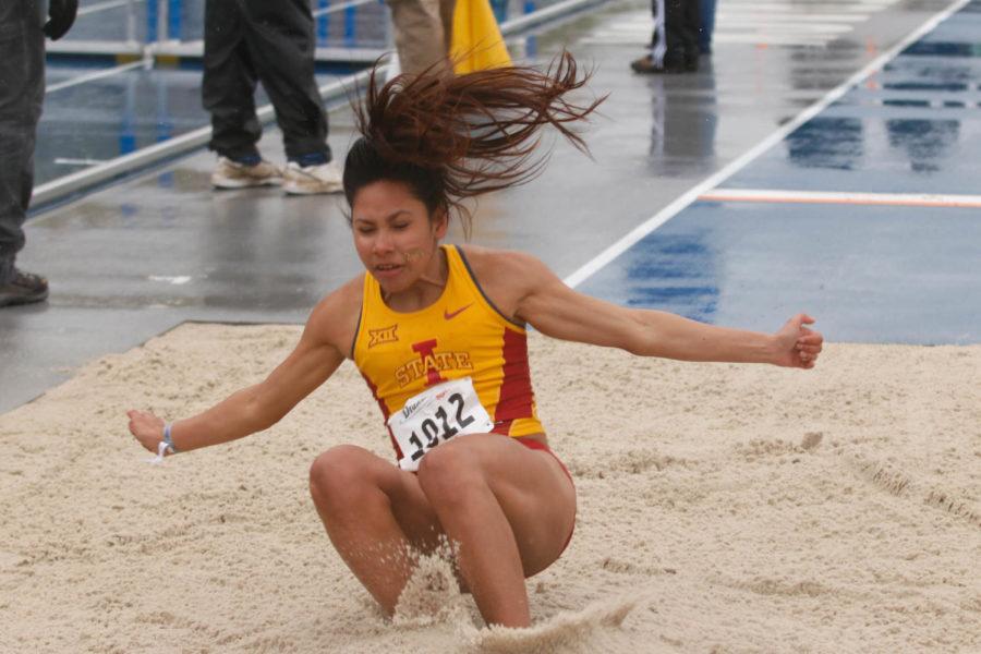Iowa State junior Jhoanmy Luque lands in the pit during the Drake Relays long jump final on April 28. Luques jump of 20-1 led her to finish in first place.