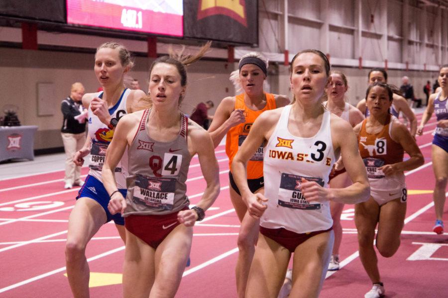 Senior Evelyne Guay runs in the Womens Mile Finals during the Big 12 Track and Field Championship at Lied Rec Center on Feb. 24. Guy finished in fourth place with a time of 4:56.71.