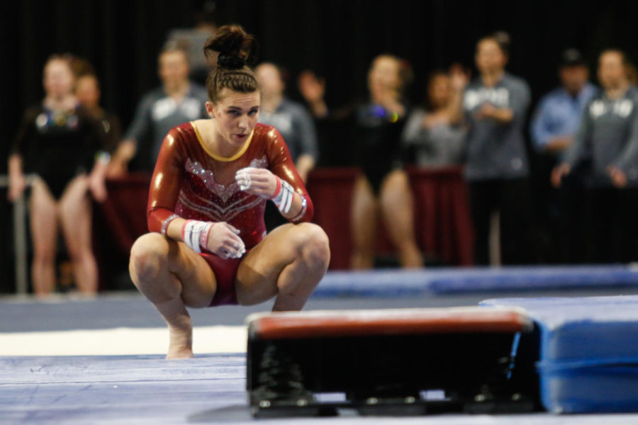Iowa State junior Meghan Sievers prepares to compete on the bars at the Big 12 Championships. Sievers and the Cyclones finished in third place behind Oklahoma and Denver.