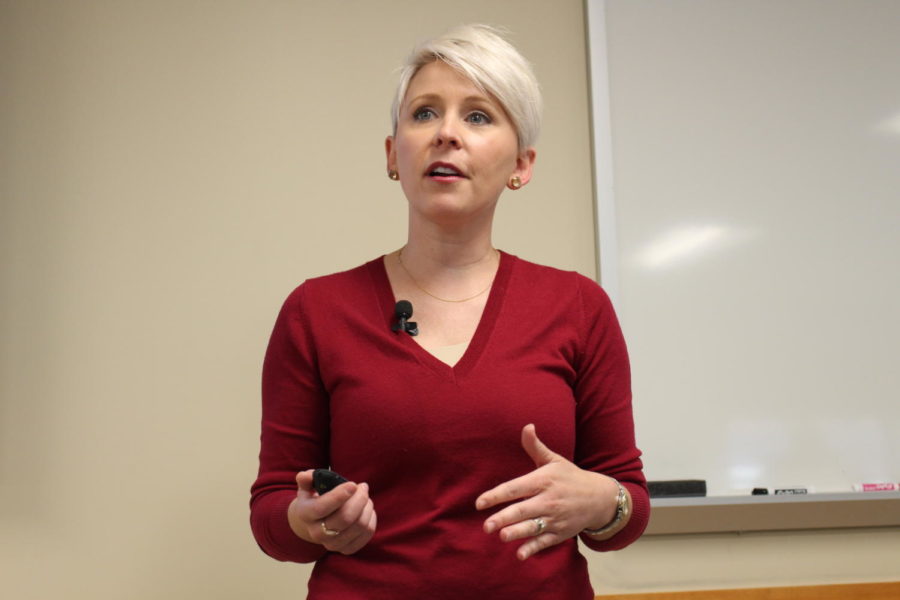 Kristen Anderson, former Iowa GOP Senate staffer, speaks about the harassment she faced at the Iowa State Capital during First Amendment Days in Hamilton Hall on April 11.