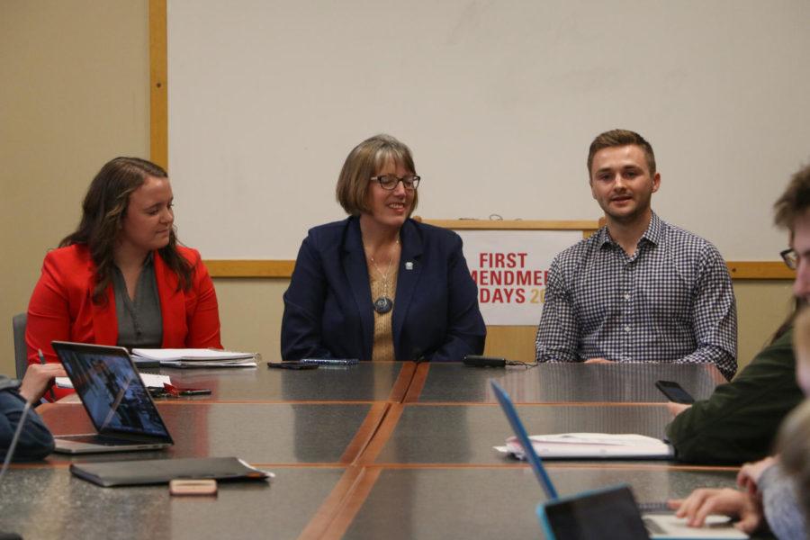Emily Barske, editor-in-chief of the Iowa State Daily; Kathie Obradovich, political columnist at the Des Moines Register; and Scott Moss, senior in finance and organizer of Iowa States Out of the Darkness walk, speak about mental health during a Depth and Dialogue session for First Amendment Day on April 11, 2018. 