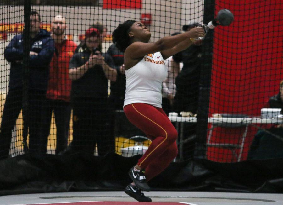 Iowa State senior Christabel Okeke competes in the womens weight throw during the Iowa State Classic on Feb. 9, 2018.