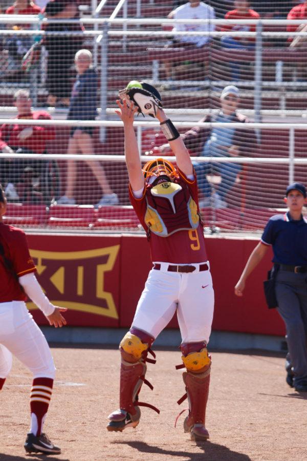 Iowa State catcher Kaylee Bosworth catches a flyball during the Cyclones' 4-2 win over Iowa in the Cy-Hawk Series.