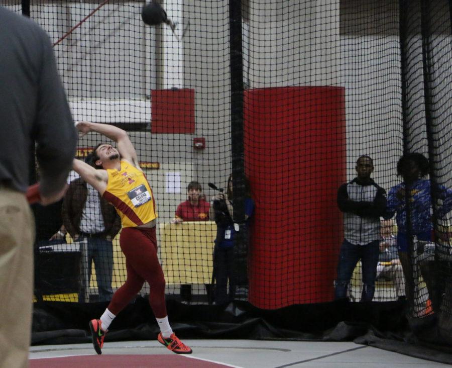 ISU sophomore Chris Celona competes in the mens weight throw during the Big 12 Indoor Championships at the Lied Rec Center Feb. 26. Celona placed eighth with a best throw of 17.37 meters. 