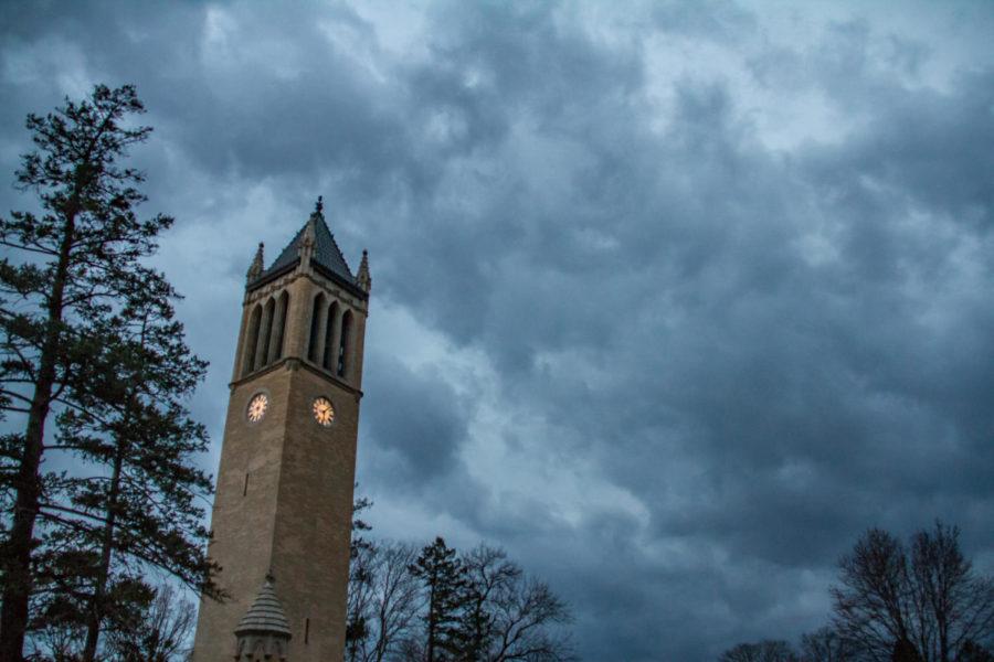 Storm clouds roll through campus during the late afternoon of March 6. The storm hit around 6:30 p.m, after a day of wind warnings and tornado watches. 