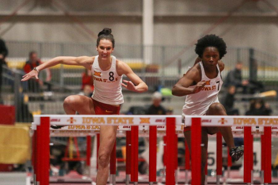 Iowa+States+Aleenah+Marcucci+%28left%29+and+Tasha+Frazier+%28right%29+compete+in+the+womens+final+60-meter+hurdles+at+the+Iowa+State+Classic+on+Feb.+9%2C+2018.+Frazier+and+Marcucci+finished+with+times+of+8.80+seconds+and+8.85+seconds%2C+respectively.