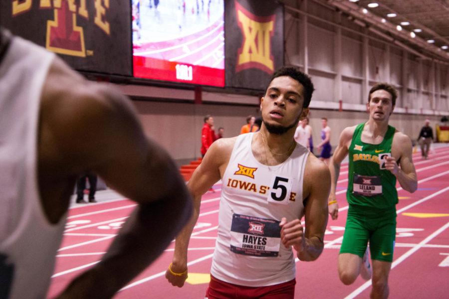 Sophomore Frank Hayes runs in the Mens 800 M at the Big 12 Track and Field Championship at Lied Rec. Center on Feb. 24. Hayes finished in fifth place with a time of 1:50.42.