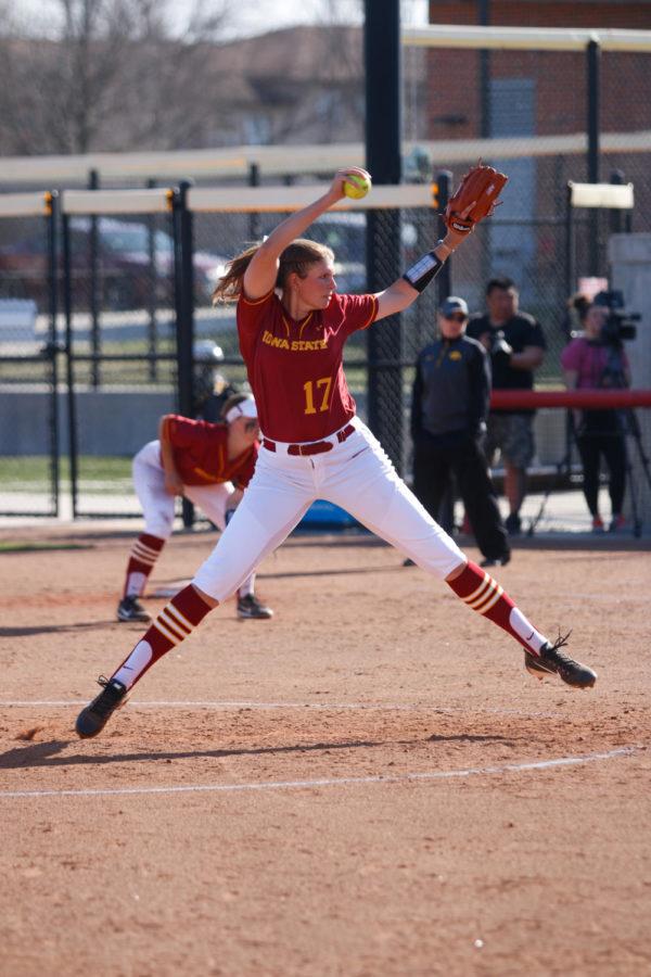 Iowa State pitcher Emma Hylen delivers a pitch during the Cyclones' 4-2 over Iowa in the Cy-Hawk Series. Hylen went all seven innings, allowing two runs on five hits.