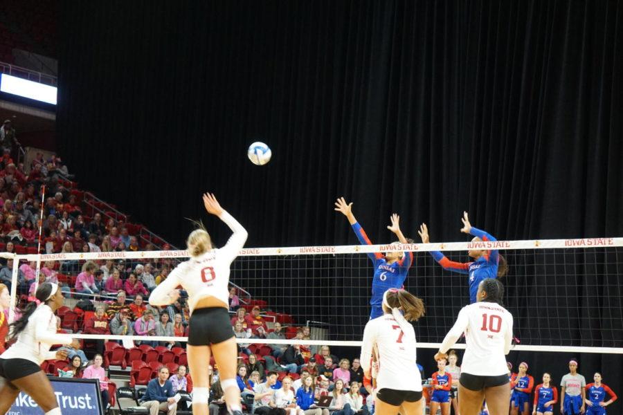 Number 6 blocked a very large amounts of attempted points from KU at the volleyball game on October 28th.
