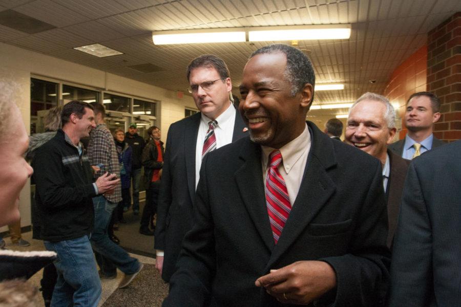 Neurosurgeon Dr. Ben Carson met with Iowans at caucus locations throughout Des Moines at the Iowa Caucus on Monday, Feb 1. His message of returning America to greatness both economically and morally mirrored many other republicans in this election cycle.