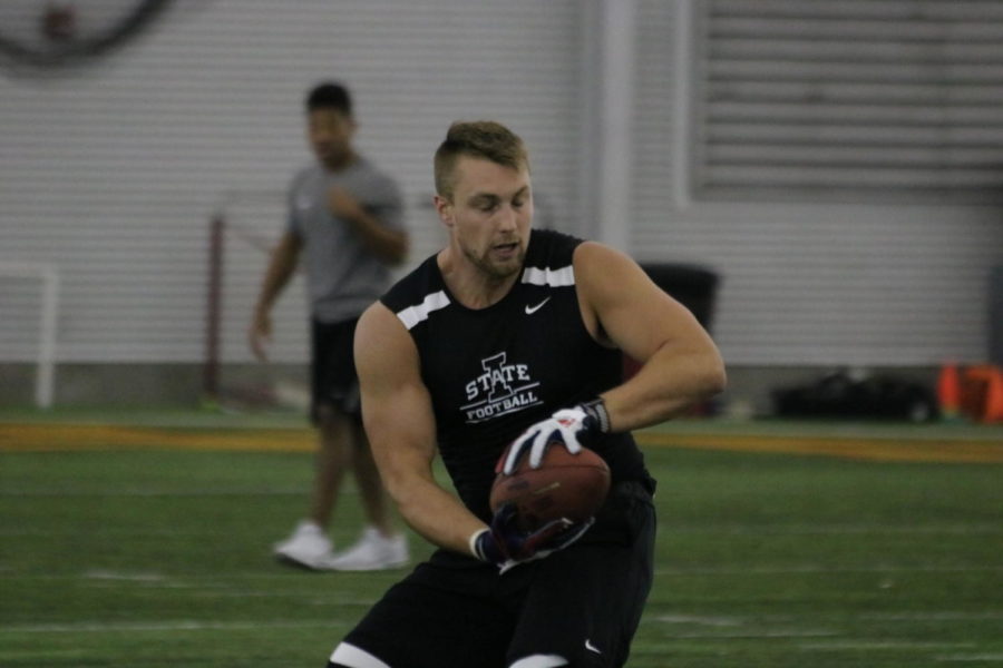 Joel Lanning catches a pass during Iowa States Pro Day March 27. 13 Iowa State football graduates participated, but all eyes were on Lanning and Lazard, Iowa States two biggest prospects.
