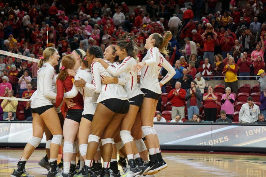 Right after the final point was scored on KU at the women's volleyball game, the team immediately celebrated their win on October 28th. The players who were not playing at the time ran over to celebrate with the rest of their team.