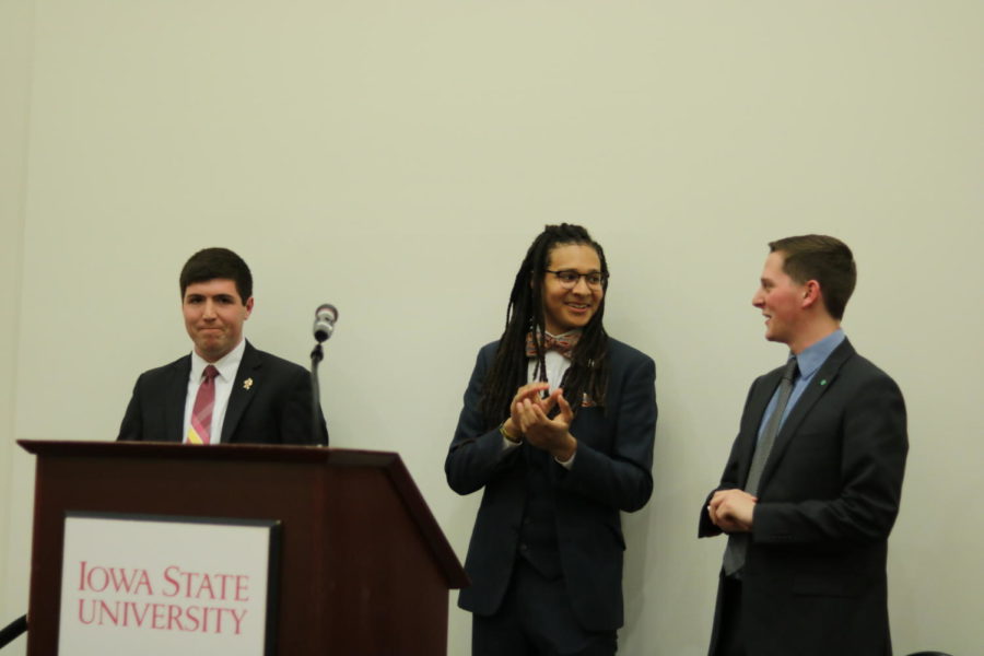 President-Elect Julian Neely invites Student Government President Cody West and Student Government Vice President Cody Smith, whom Julian and Juan replaced, to the podium to recognize their time serving Iowa State University.