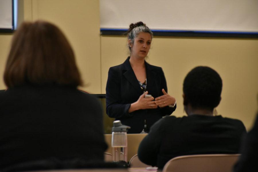 Ruxandra Looft, an Academic Advisor of World Languages and Cultures, gives her presentation for becoming the director of the Margaret Sloss Women's Center on April 27, 2018. 